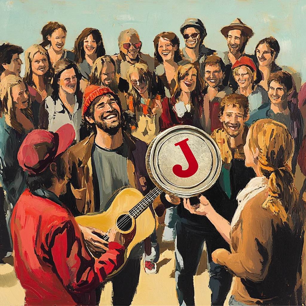 large group of people standing around a busker with one onlooker giving the musician a big silver coin that has a big red J on it. All are smiling and content with the world