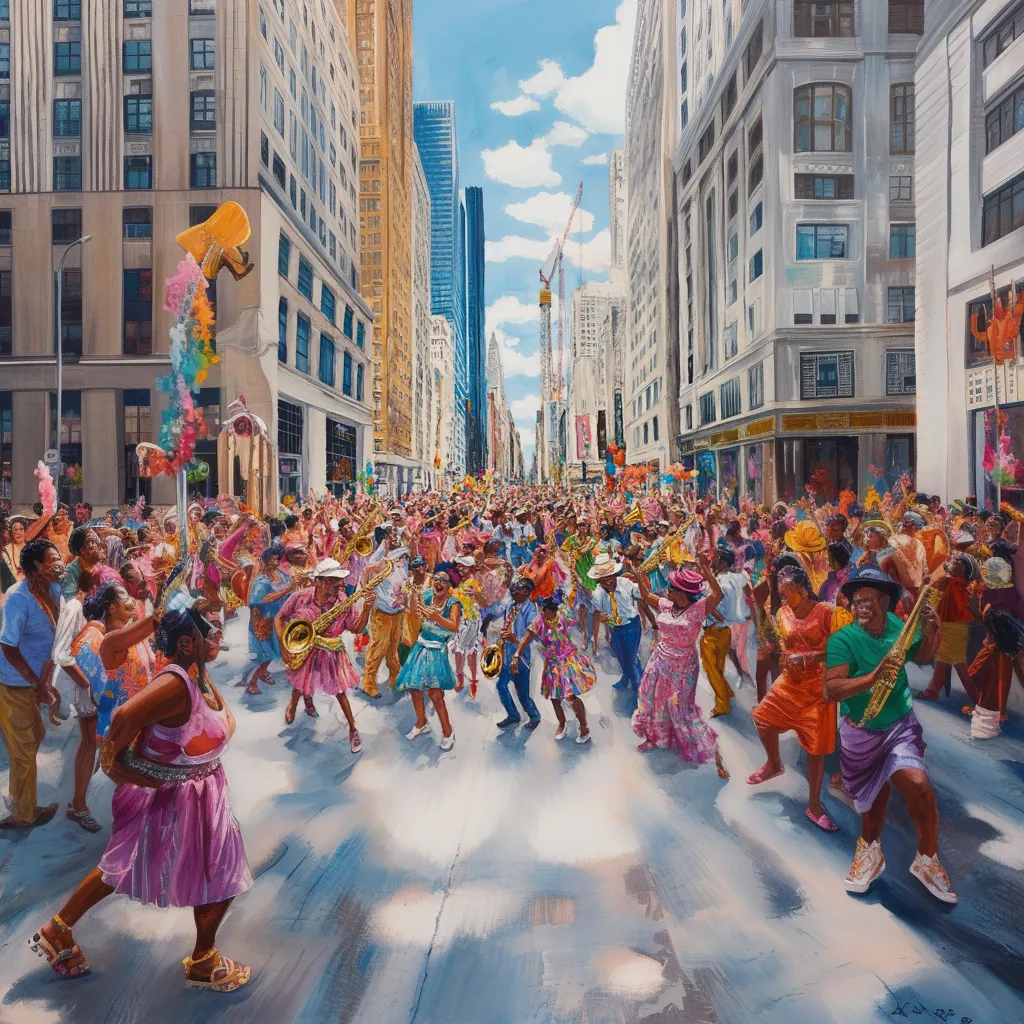 show large groups of people on city streets dressed in colourful clothing, some holding musical instruments, and everyone in their groups dancing around in circles and laughing